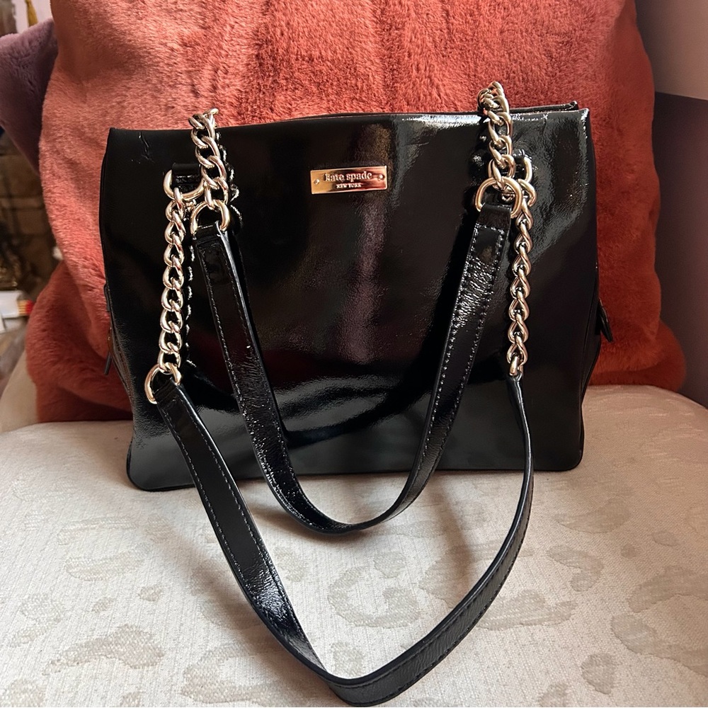Kate Spade Black Patent Leather Shoulder Tote with Gold Chain Straps